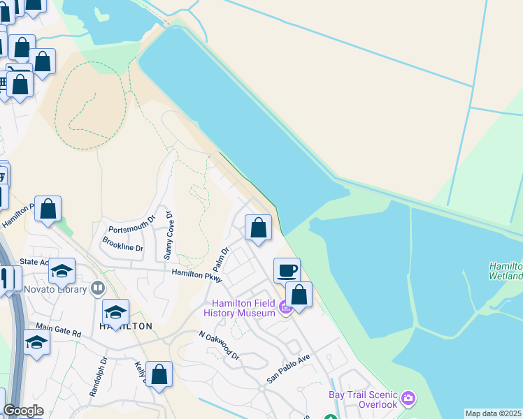 map of restaurants, bars, coffee shops, grocery stores, and more near 87 Pizarro Avenue in Novato