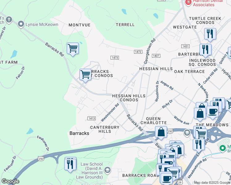 map of restaurants, bars, coffee shops, grocery stores, and more near 2501 Barracks Road in Charlottesville