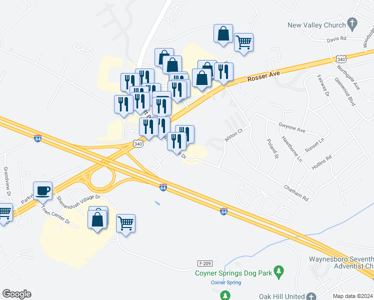 map of restaurants, bars, coffee shops, grocery stores, and more near 28 Windigrove Drive in Waynesboro