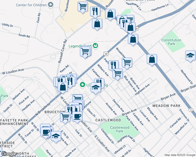 map of restaurants, bars, coffee shops, grocery stores, and more near 142 Fairlawn Avenue in Lexington