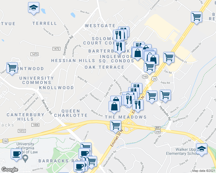 map of restaurants, bars, coffee shops, grocery stores, and more near 107 Linda Court in Charlottesville