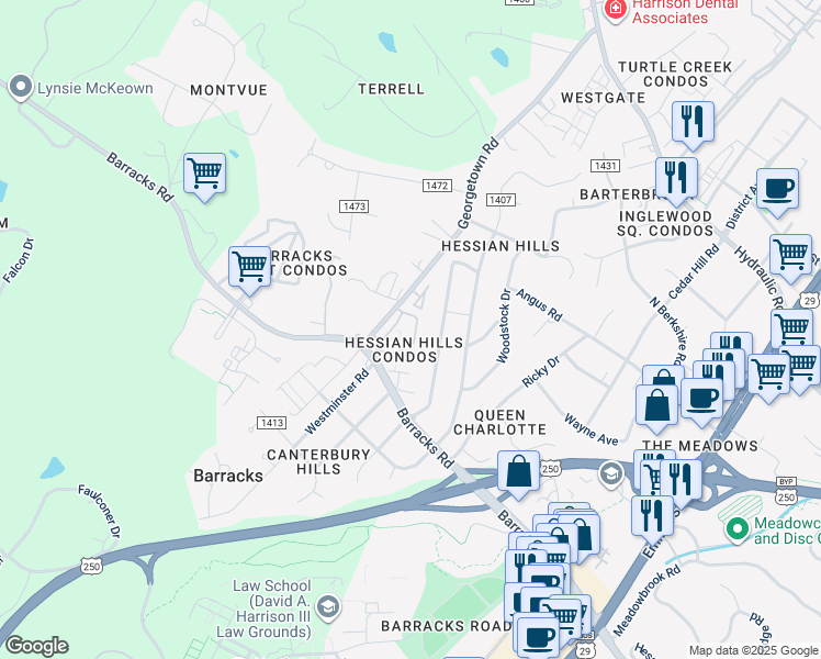 map of restaurants, bars, coffee shops, grocery stores, and more near 141 Hessian Hills Circle in Charlottesville