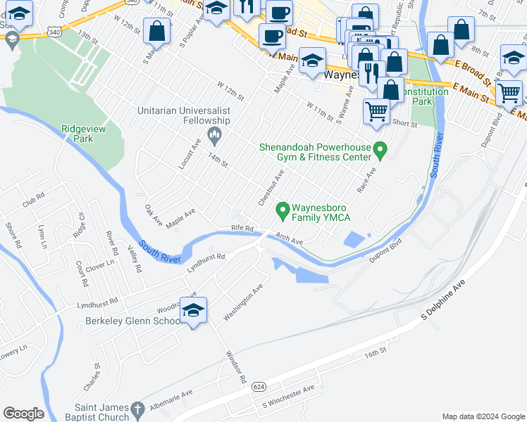 map of restaurants, bars, coffee shops, grocery stores, and more near 629 Chestnut Avenue in Waynesboro