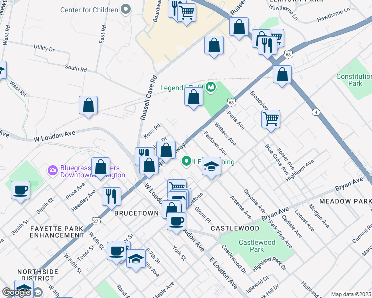 map of restaurants, bars, coffee shops, grocery stores, and more near 145 North Broadway Park in Lexington
