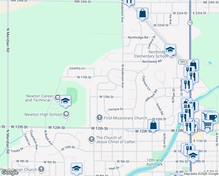 map of restaurants, bars, coffee shops, grocery stores, and more near 706 Cottonwood Lane in Newton