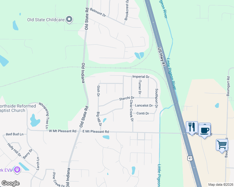 map of restaurants, bars, coffee shops, grocery stores, and more near 9131 Harlie Court in Evansville