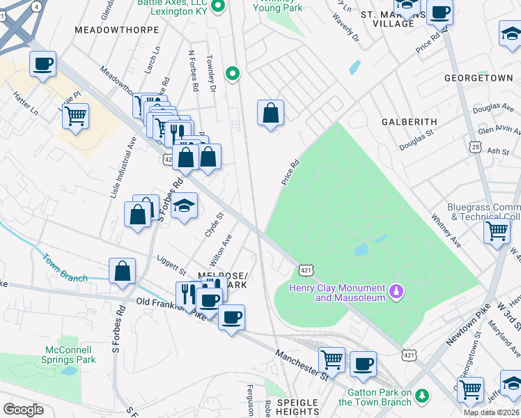 map of restaurants, bars, coffee shops, grocery stores, and more near 201 Price Road in Lexington