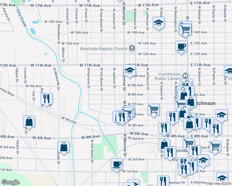 map of restaurants, bars, coffee shops, grocery stores, and more near 605 West 9th Avenue in Hutchinson