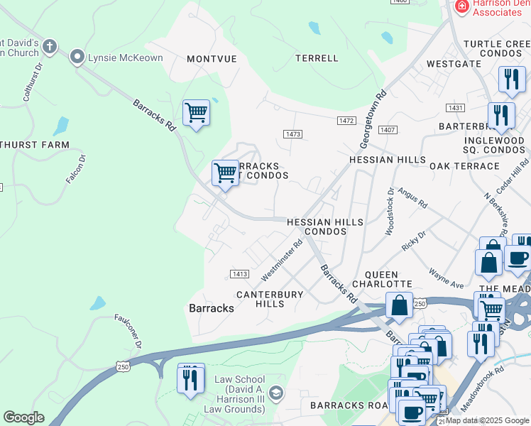 map of restaurants, bars, coffee shops, grocery stores, and more near 934 Huntwood Lane in Charlottesville