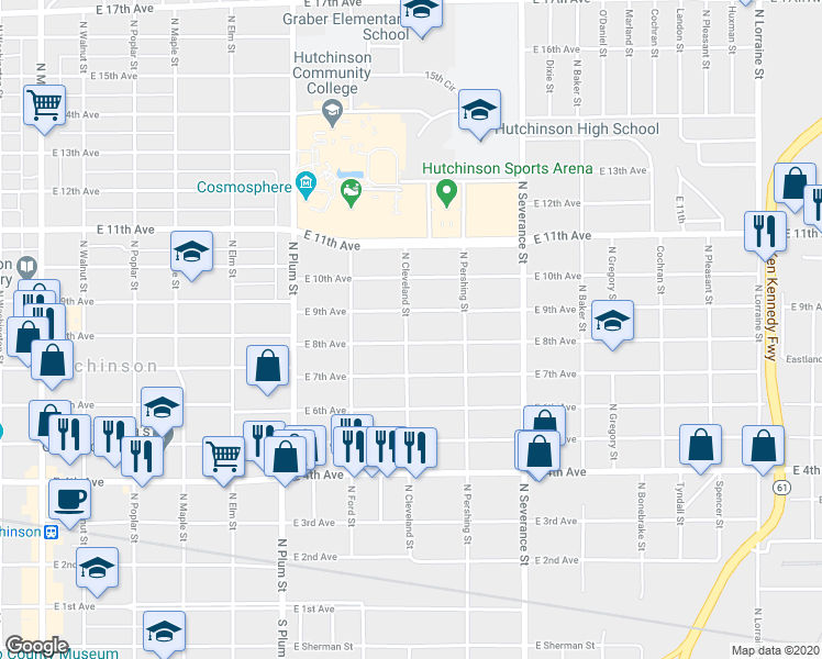 map of restaurants, bars, coffee shops, grocery stores, and more near 812 North Cleveland Street in Hutchinson