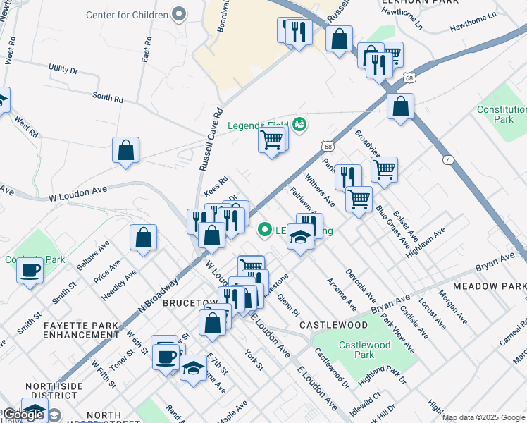 map of restaurants, bars, coffee shops, grocery stores, and more near 145 North Broadway Park in Lexington