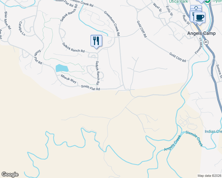 map of restaurants, bars, coffee shops, grocery stores, and more near 787 Smith Flat Road in Angels Camp