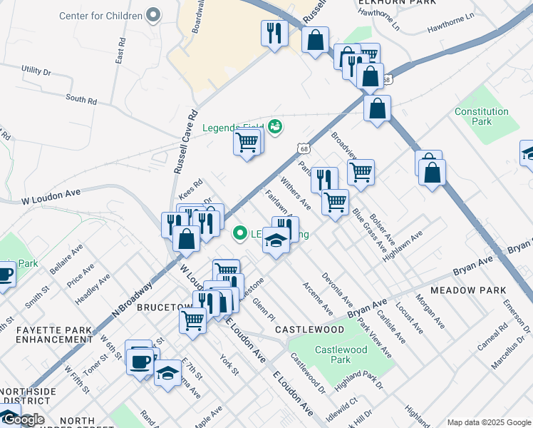 map of restaurants, bars, coffee shops, grocery stores, and more near 133 12th Street in Lexington