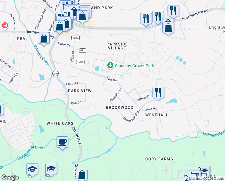 map of restaurants, bars, coffee shops, grocery stores, and more near 5641-5663 Park Road in Crozet