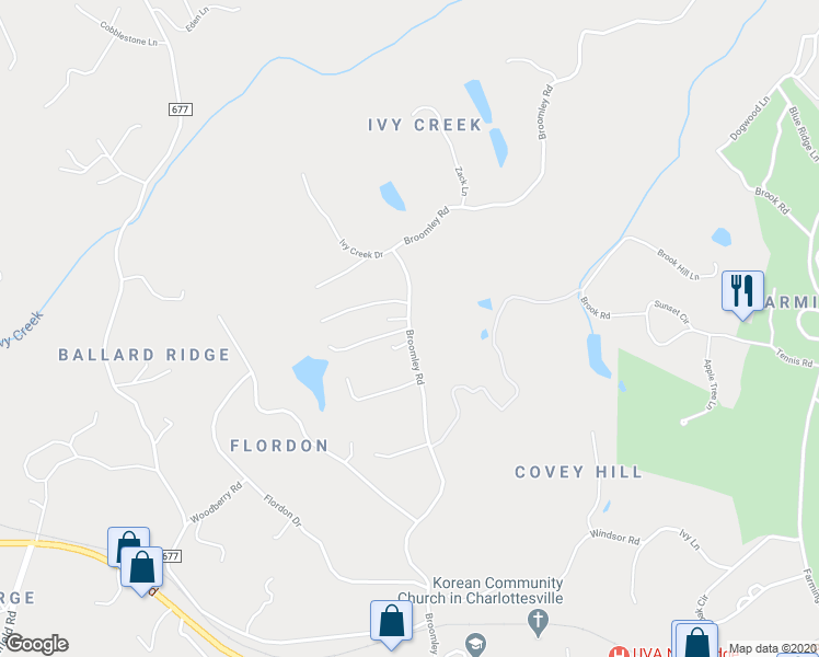 map of restaurants, bars, coffee shops, grocery stores, and more near 961 Broomley Road in Charlottesville
