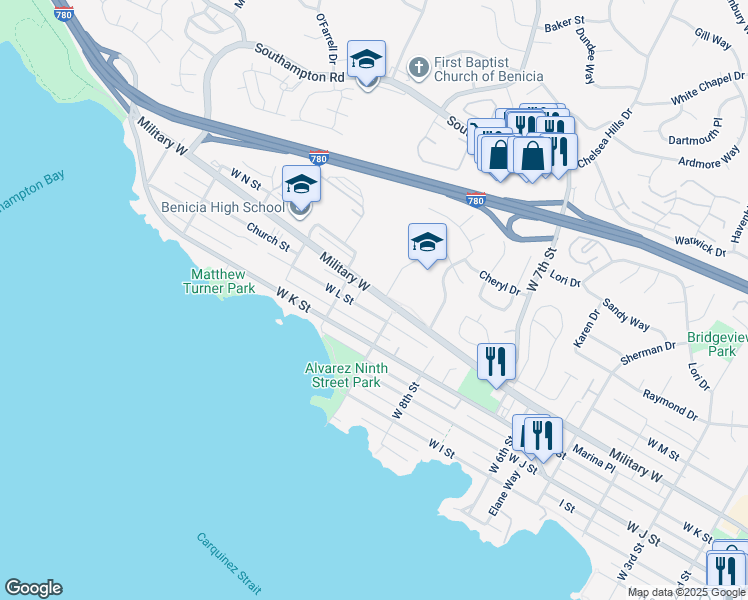 map of restaurants, bars, coffee shops, grocery stores, and more near 919 West L Street in Benicia
