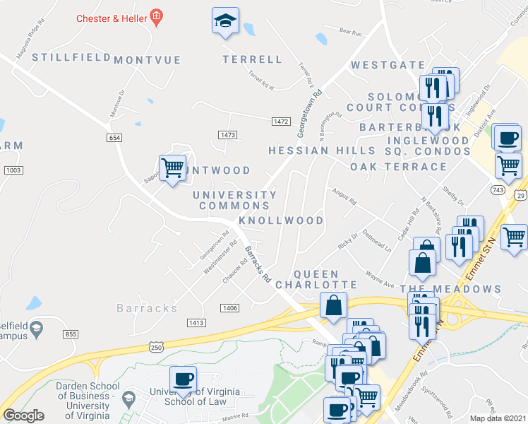 map of restaurants, bars, coffee shops, grocery stores, and more near 141 Hessian Hills Circle in Charlottesville