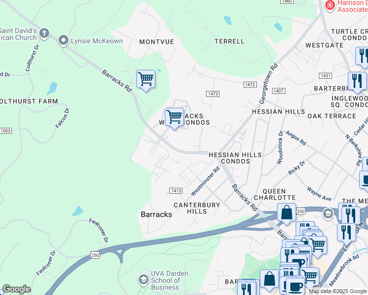 map of restaurants, bars, coffee shops, grocery stores, and more near 2535 Barracks Road in Charlottesville