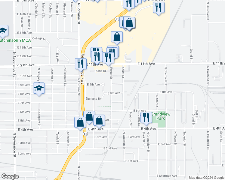 map of restaurants, bars, coffee shops, grocery stores, and more near 1600 East 8th Avenue in Hutchinson
