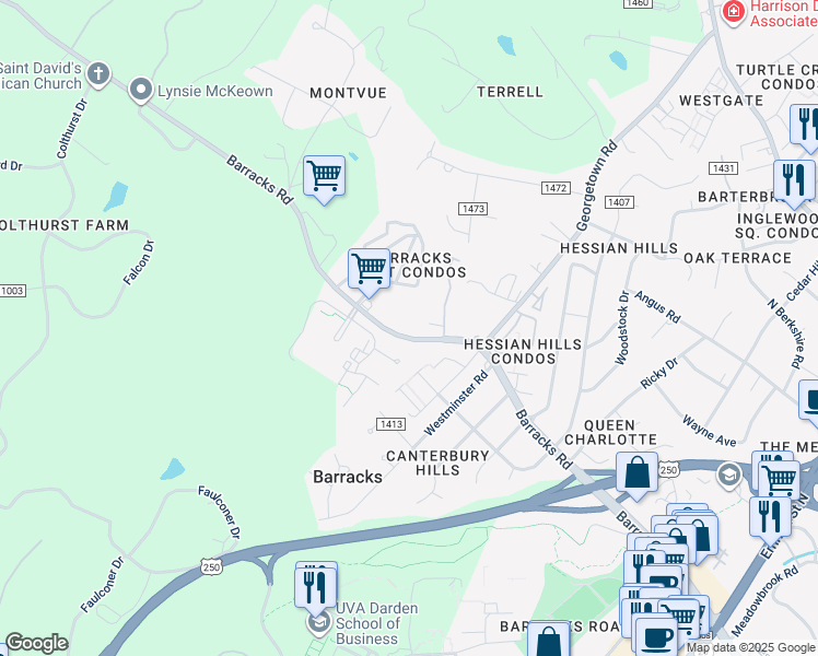map of restaurants, bars, coffee shops, grocery stores, and more near 2535 Barracks Road in Charlottesville