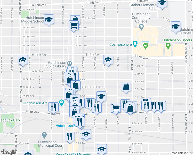 map of restaurants, bars, coffee shops, grocery stores, and more near 802 North Poplar Street in Hutchinson