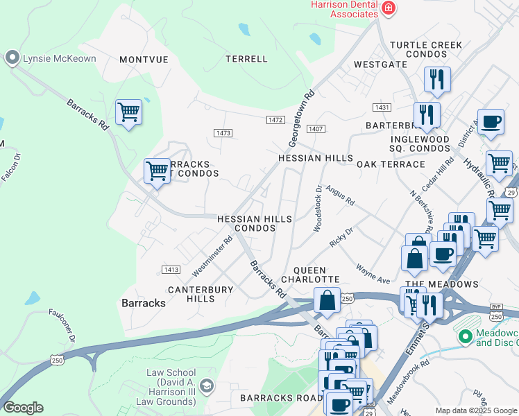 map of restaurants, bars, coffee shops, grocery stores, and more near 141 Hessian Hills Circle in Charlottesville