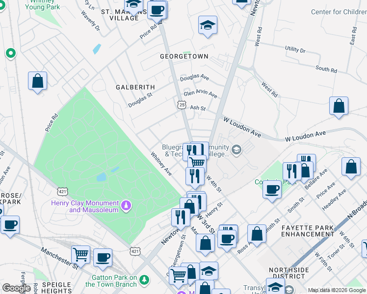map of restaurants, bars, coffee shops, grocery stores, and more near 443 Elm Street in Lexington