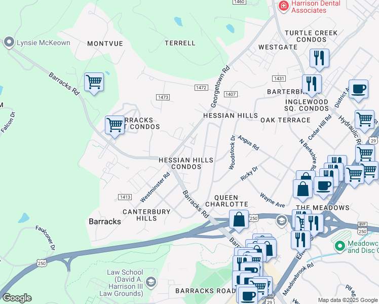 map of restaurants, bars, coffee shops, grocery stores, and more near 163 Hessian Hills Way in Charlottesville