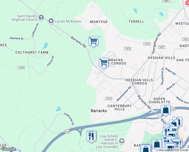 map of restaurants, bars, coffee shops, grocery stores, and more near 2600 Barracks Road in Charlottesville