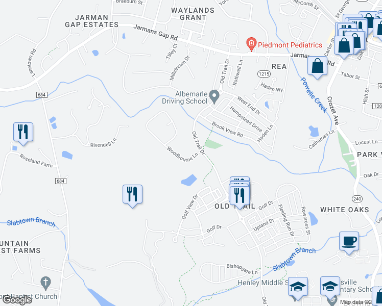 map of restaurants, bars, coffee shops, grocery stores, and more near 6412 Woodbourne Lane in Crozet