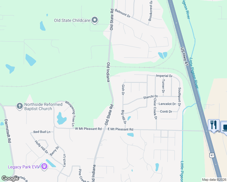 map of restaurants, bars, coffee shops, grocery stores, and more near 9119-9175 Old State Road in Evansville