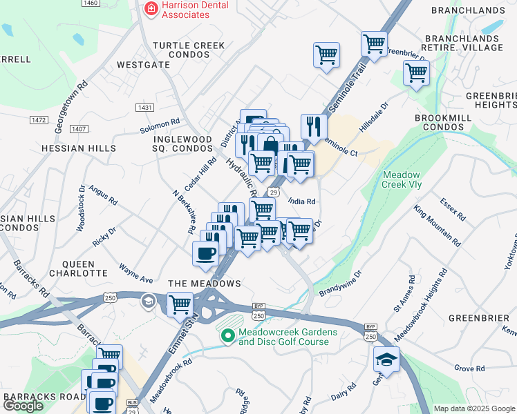 map of restaurants, bars, coffee shops, grocery stores, and more near U.S. 29 & Seminole Trail & Hydraulic Rd in Charlottesville
