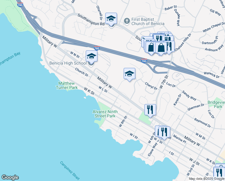 map of restaurants, bars, coffee shops, grocery stores, and more near 931 Military West in Benicia