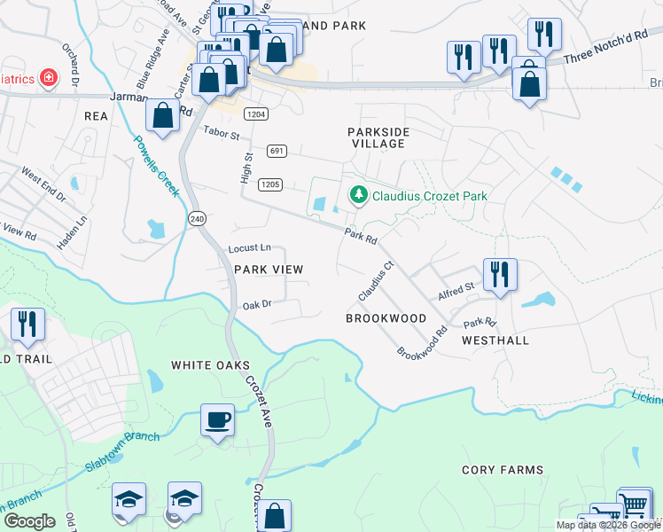 map of restaurants, bars, coffee shops, grocery stores, and more near 5685 Park Rd in Crozet