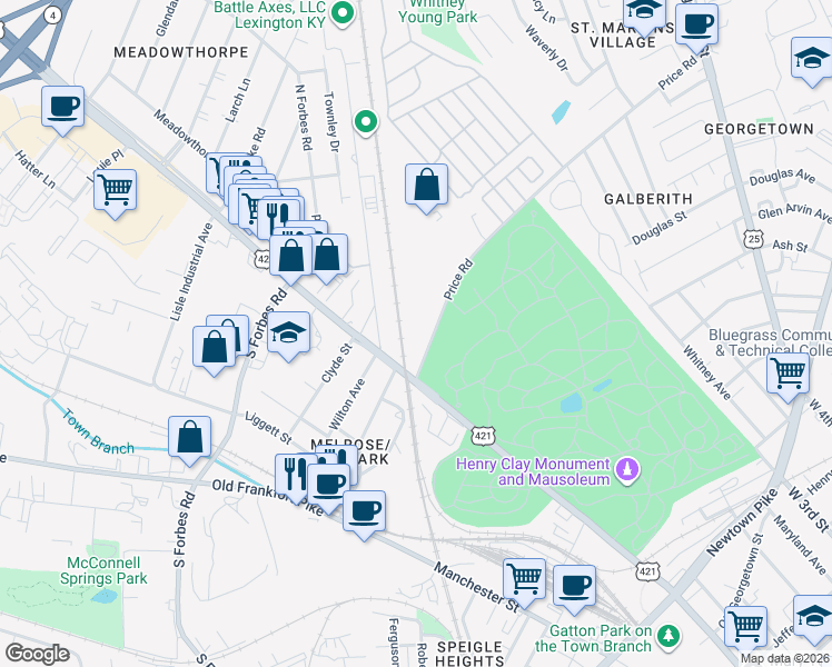 map of restaurants, bars, coffee shops, grocery stores, and more near 201 Price Road in Lexington