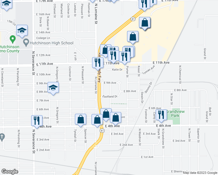 map of restaurants, bars, coffee shops, grocery stores, and more near 805 Hoagland Street in Hutchinson