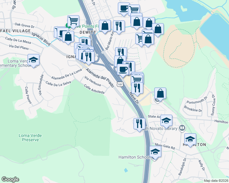 map of restaurants, bars, coffee shops, grocery stores, and more near 385 Alameda del Prado in Novato