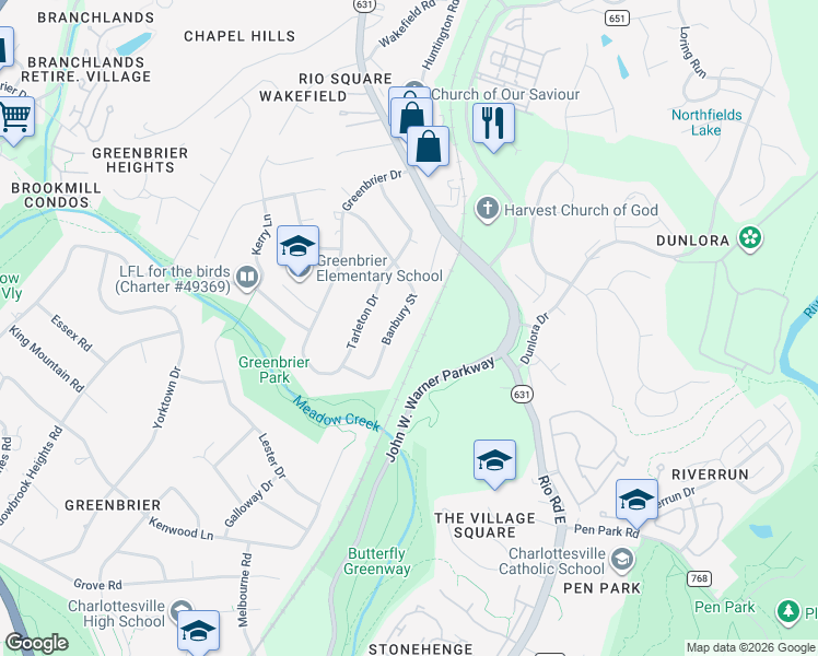 map of restaurants, bars, coffee shops, grocery stores, and more near 2229-2231 Banbury Street in Charlottesville