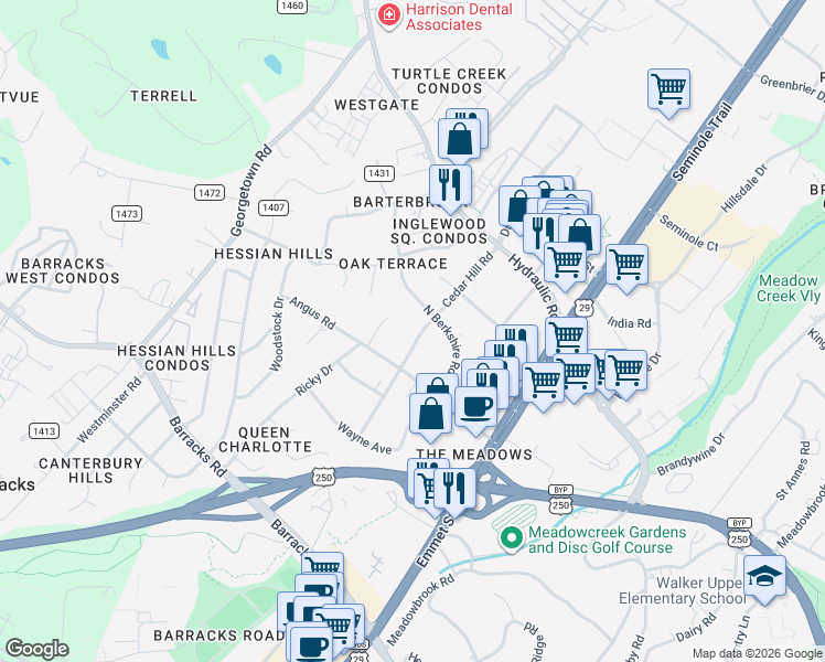 map of restaurants, bars, coffee shops, grocery stores, and more near 107 Linda Court in Charlottesville