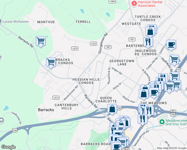 map of restaurants, bars, coffee shops, grocery stores, and more near 133 West Park Drive in Charlottesville