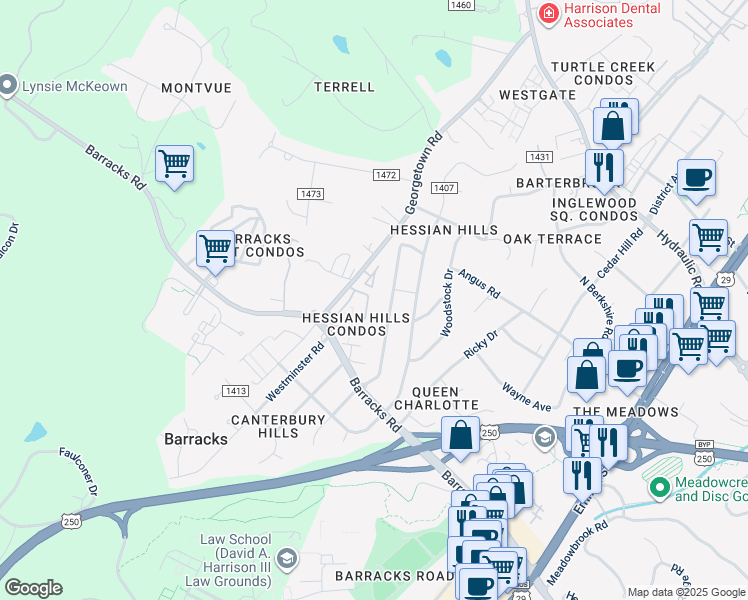 map of restaurants, bars, coffee shops, grocery stores, and more near 133 West Park Drive in Charlottesville
