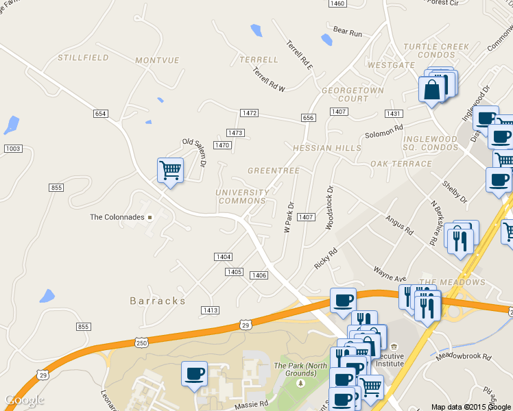 map of restaurants, bars, coffee shops, grocery stores, and more near 141 Hessian Hills Circle in Charlottesville