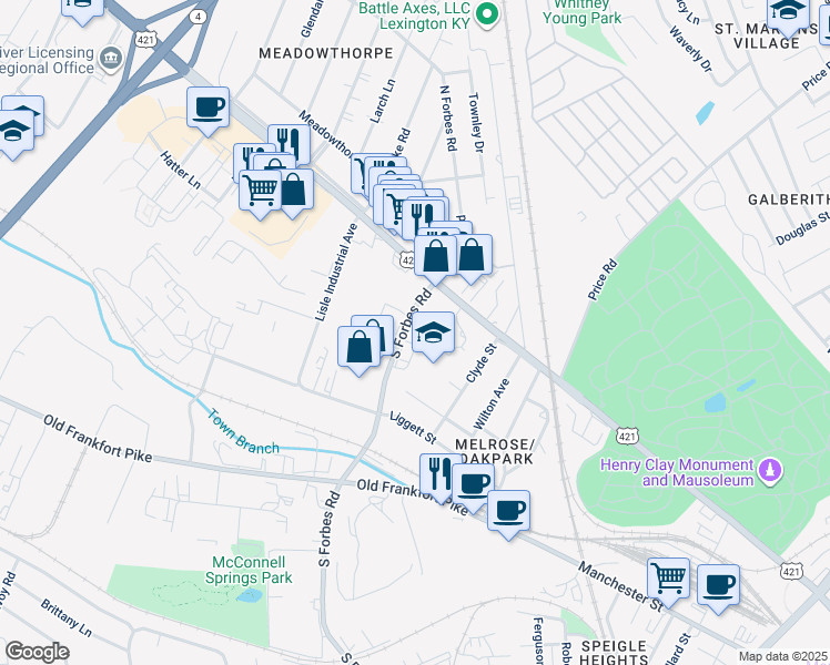 map of restaurants, bars, coffee shops, grocery stores, and more near 137 S Forbes Rd in Lexington