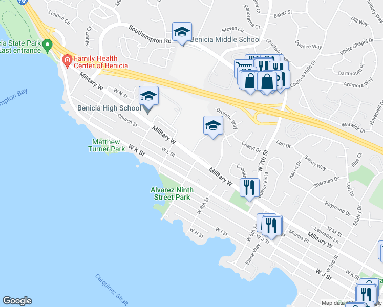 map of restaurants, bars, coffee shops, grocery stores, and more near 931 Military West in Benicia
