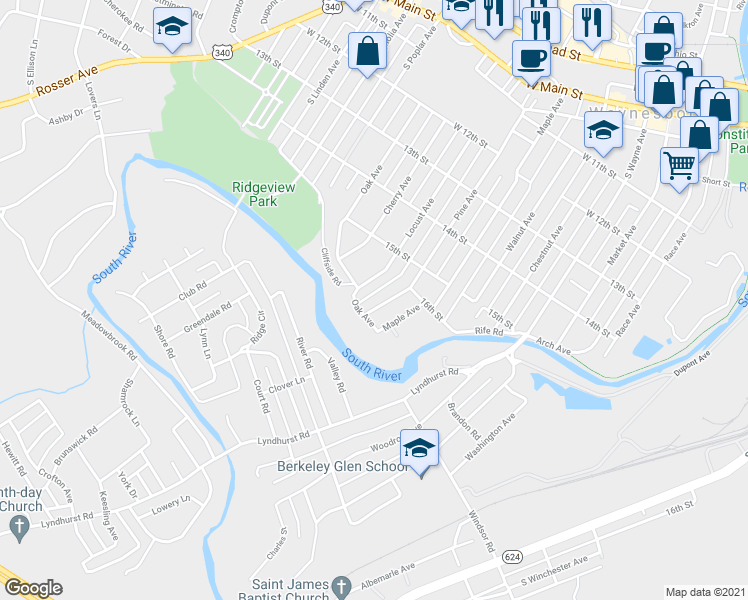 map of restaurants, bars, coffee shops, grocery stores, and more near 825 Pine Avenue in Waynesboro