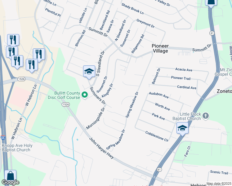 map of restaurants, bars, coffee shops, grocery stores, and more near 4513 Rita Mary Court in Louisville