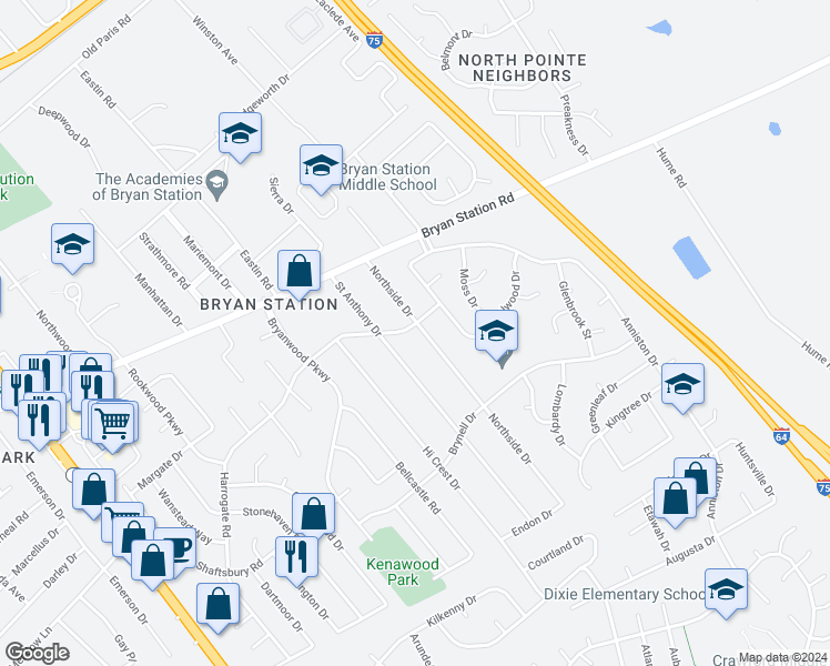 map of restaurants, bars, coffee shops, grocery stores, and more near 1844 Wayland Drive in Lexington