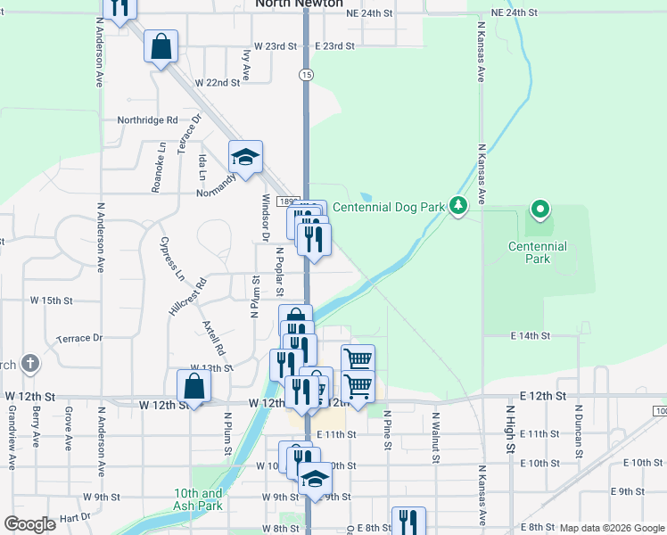 map of restaurants, bars, coffee shops, grocery stores, and more near 120 East 16th Street in Newton