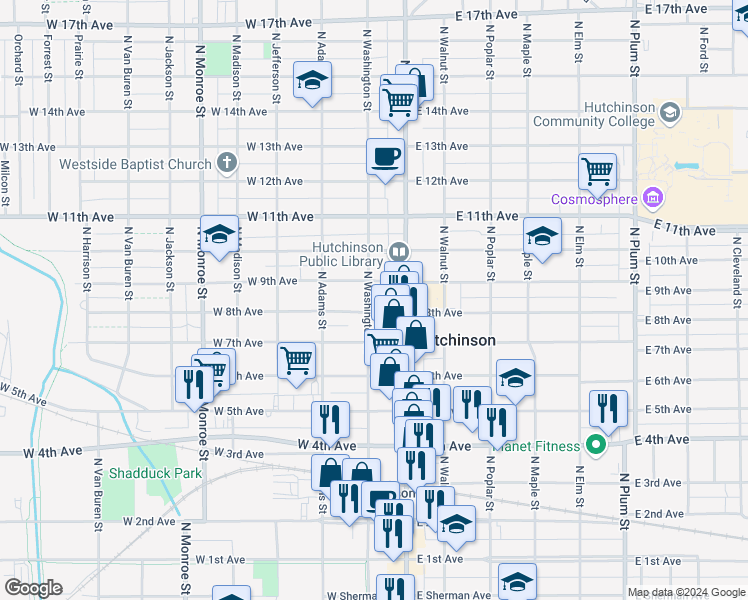 map of restaurants, bars, coffee shops, grocery stores, and more near 810 North Washington Street in Hutchinson