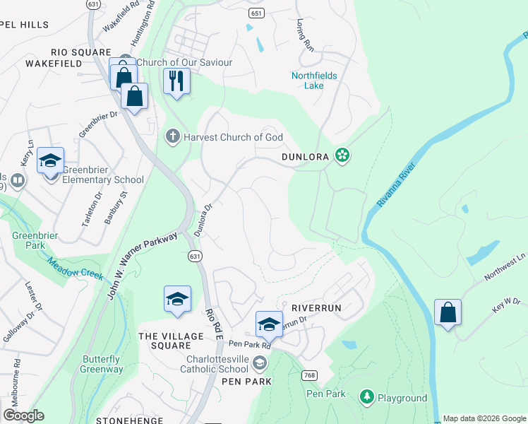 map of restaurants, bars, coffee shops, grocery stores, and more near 928 King William Drive in Charlottesville